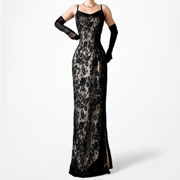 Dresses & Skirts - Vintage Brown Black Beaded Side Slit Bodycon Maxi Formal Prom Dress Size L